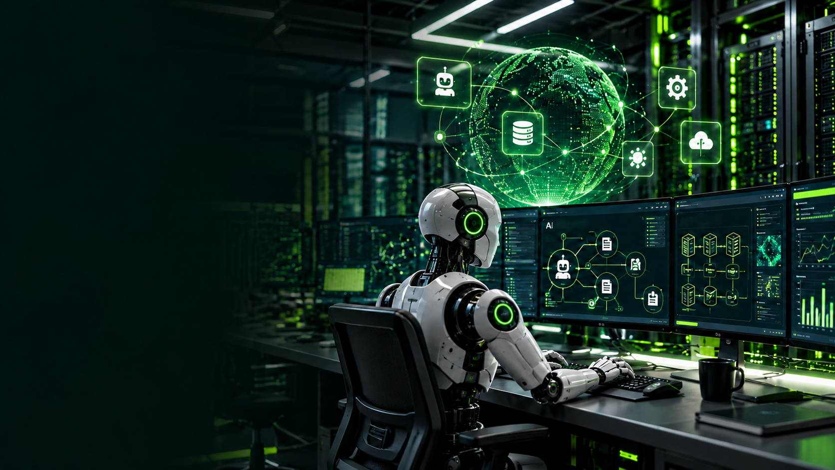 AI infrastructure lab with computing servers and AI workflow monitoring systems.