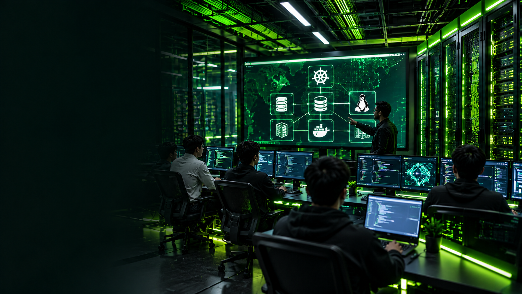 IT professionals learning cluster infrastructure and container orchestration in a green-lit technical training lab.