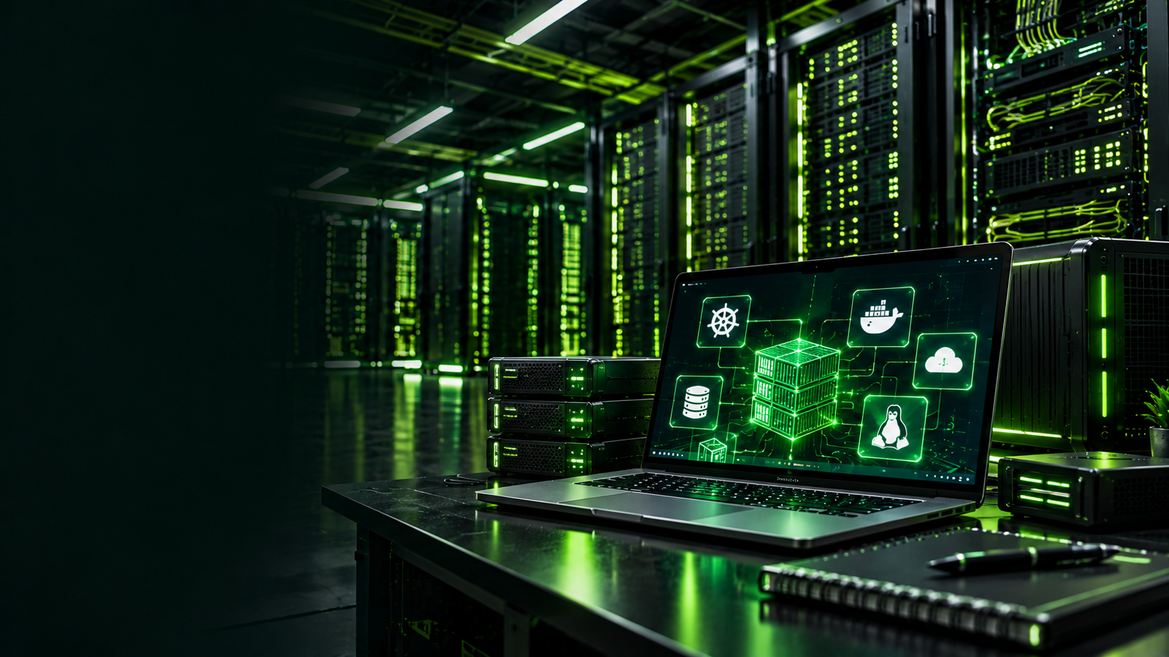 Laptop displaying containerization and orchestration graphics in a neon-green technology server room.