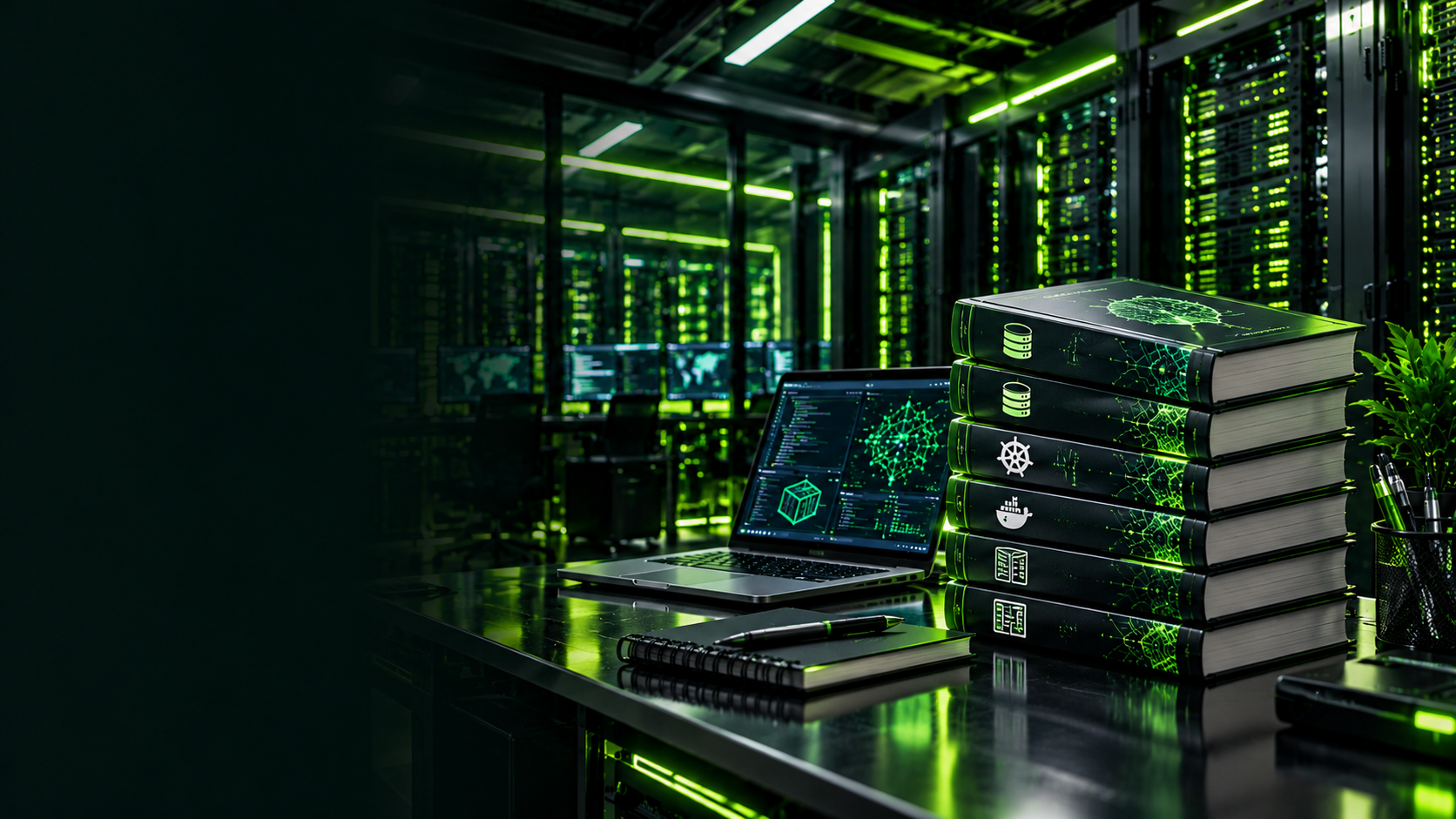 Technical books and a laptop in a neon-green illuminated AI data centre.