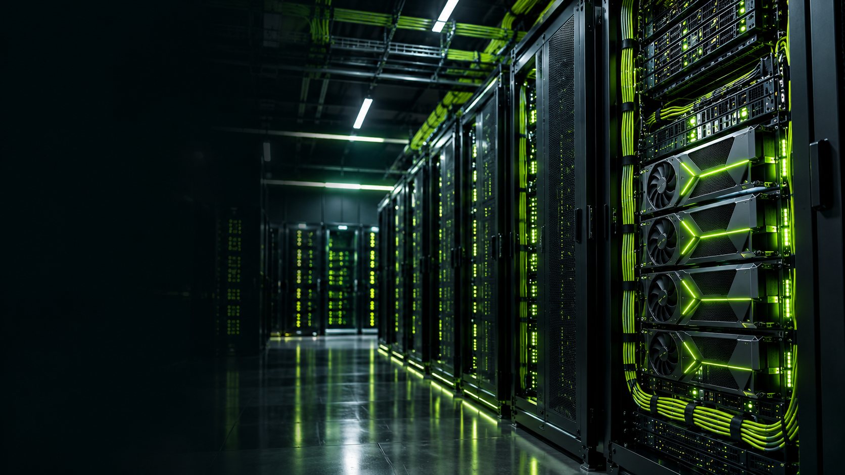 High-performance computing server racks with GPU hardware and green lighting in an AI data center.